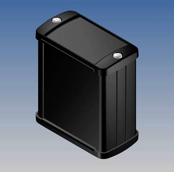 Un boîtier rectangulaire noir en plastique aux coins arrondis sur un fond bleu.