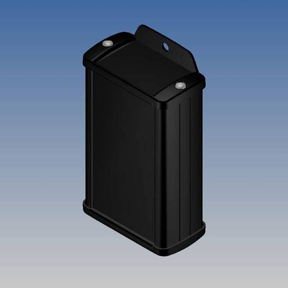 Un boîtier électronique rectangulaire noir aux bords arrondis, doté de deux trous de fixation sur le dessus, sur un fond bleu.