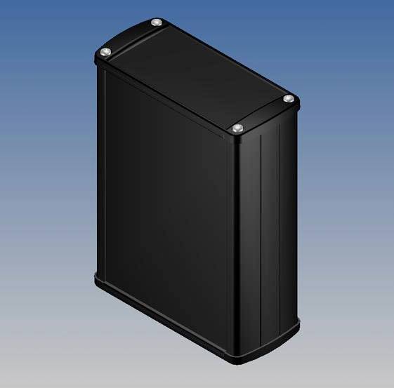 Boîtier rectangulaire noir aux angles arrondis et fixé par des vis, sur un fond bleu-gris.