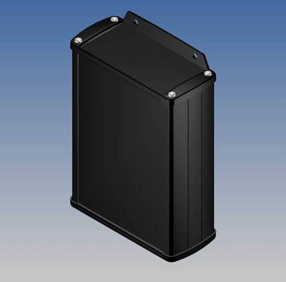 Un boîtier noir rectangulaire aux bords arrondis, doté de deux trous de fixation sur le dessus, sur un fond bleu.