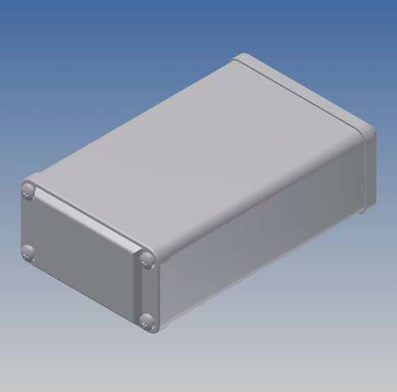 Un boîtier métallique gris rectangulaire sur un fond bleu.