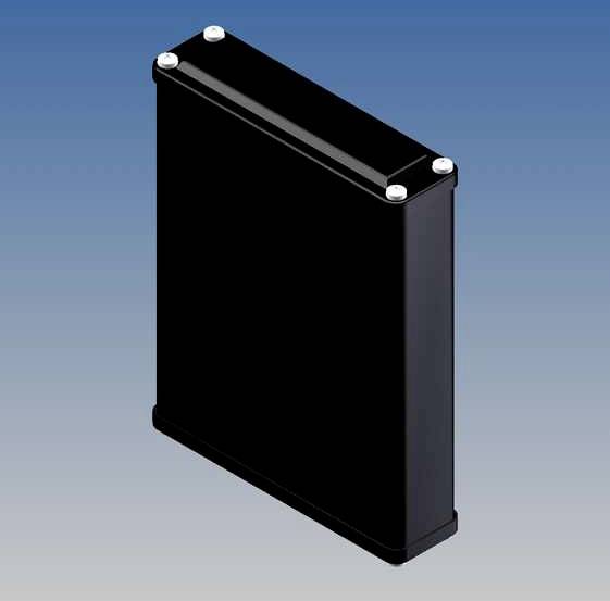 Un bloc de batterie noir et rectangulaire sur un fond bleu et blanc. Le bloc de batterie comporte quatre vis sur le dessus.