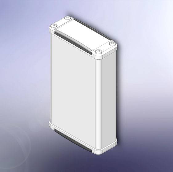 Boîtier rectangulaire argenté aux coins arrondis sur un fond clair.