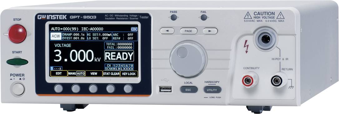Un appareil GW INSTEK GPT-9600 avec un affichage pour le réglage de la tension, des boutons et des connexions permettant de réaliser des tests électriques.
