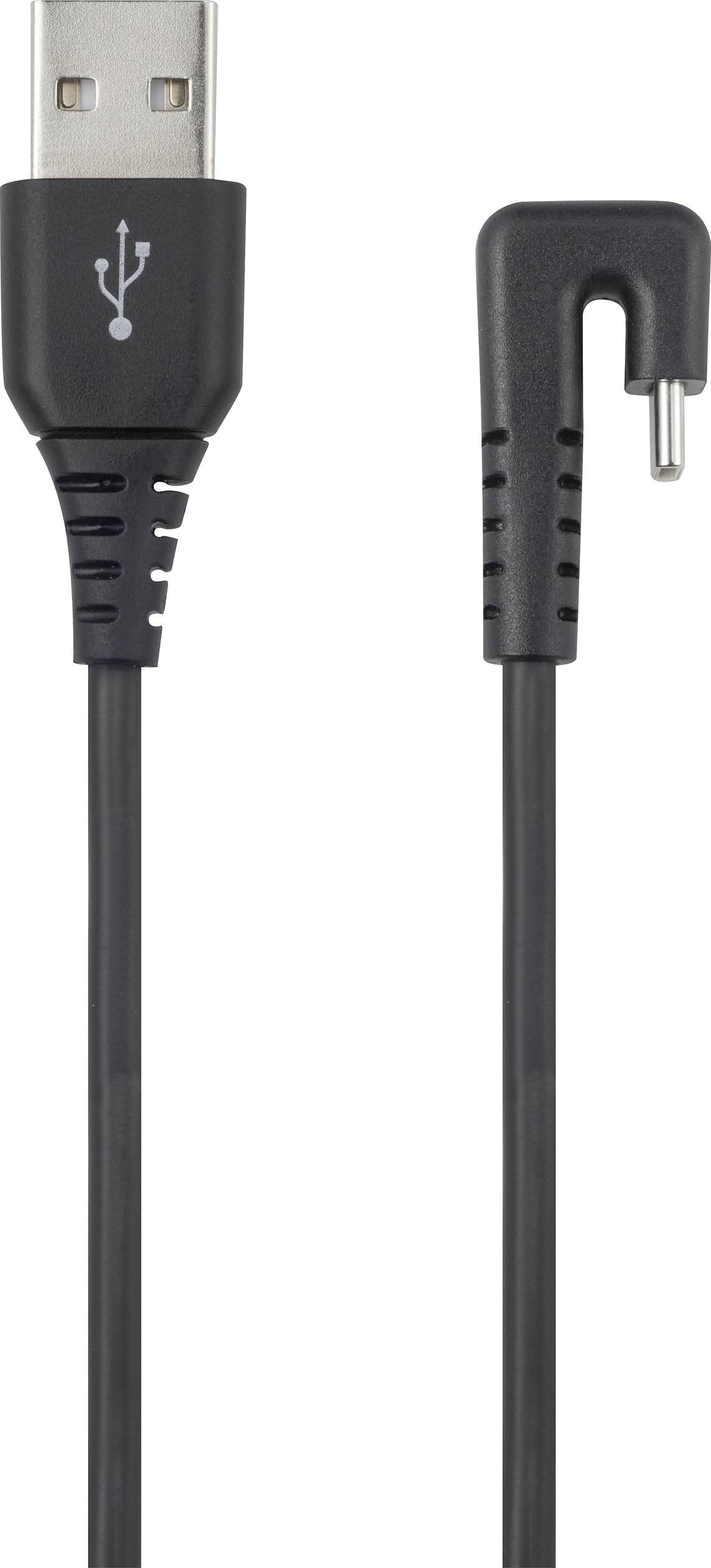 Un câble noir avec une connexion USB et une fiche DC coudée, adapté à l'alimentation électrique ou au transfert de données.