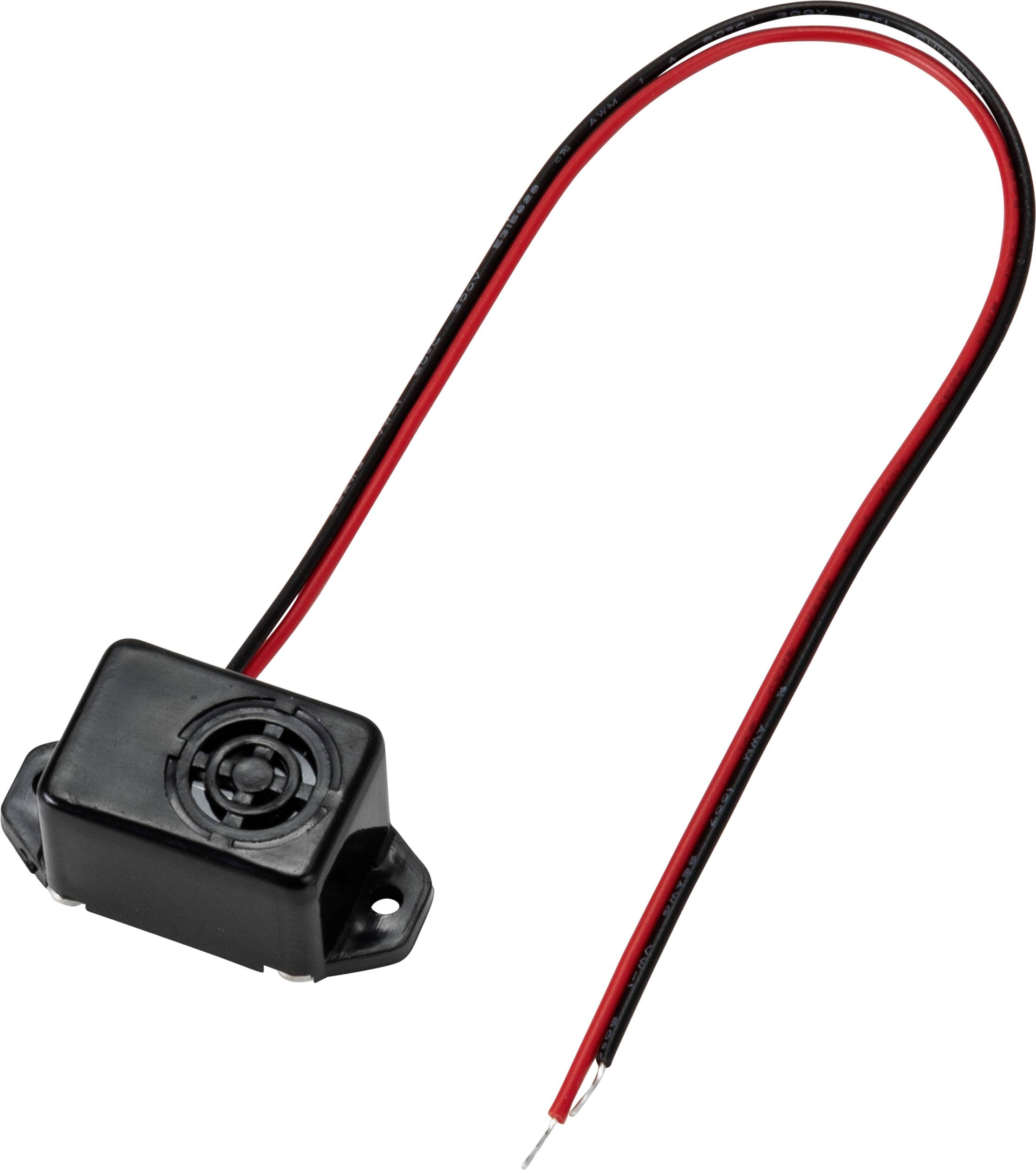 Capteur noir avec deux câbles, un rouge et un noir, pliés en boucle.