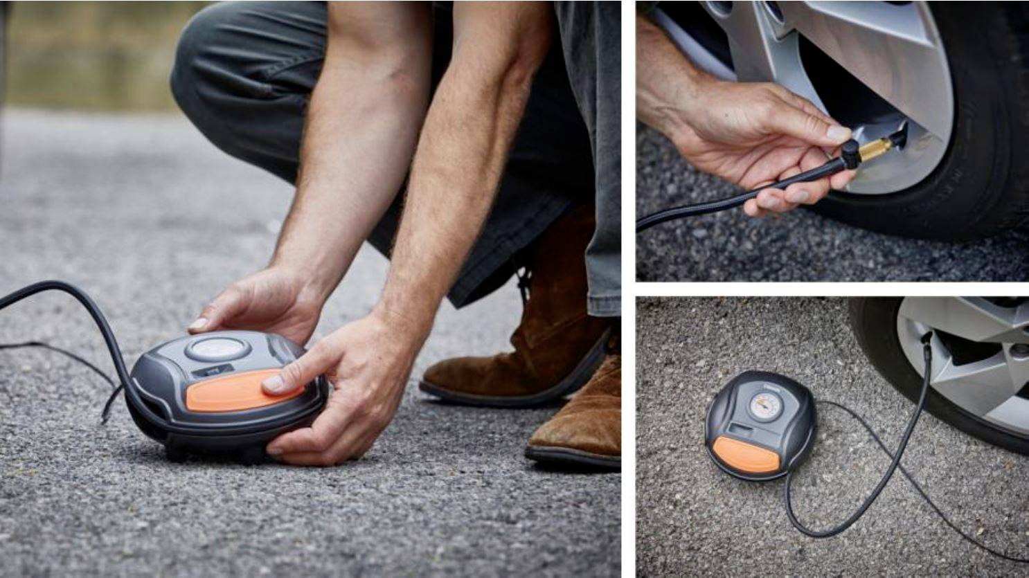 Une personne vérifie la pression des pneus avec une pompe portable. L'image ci-dessus montre le branchement de la pompe sur la valve d'un pneu de voiture.