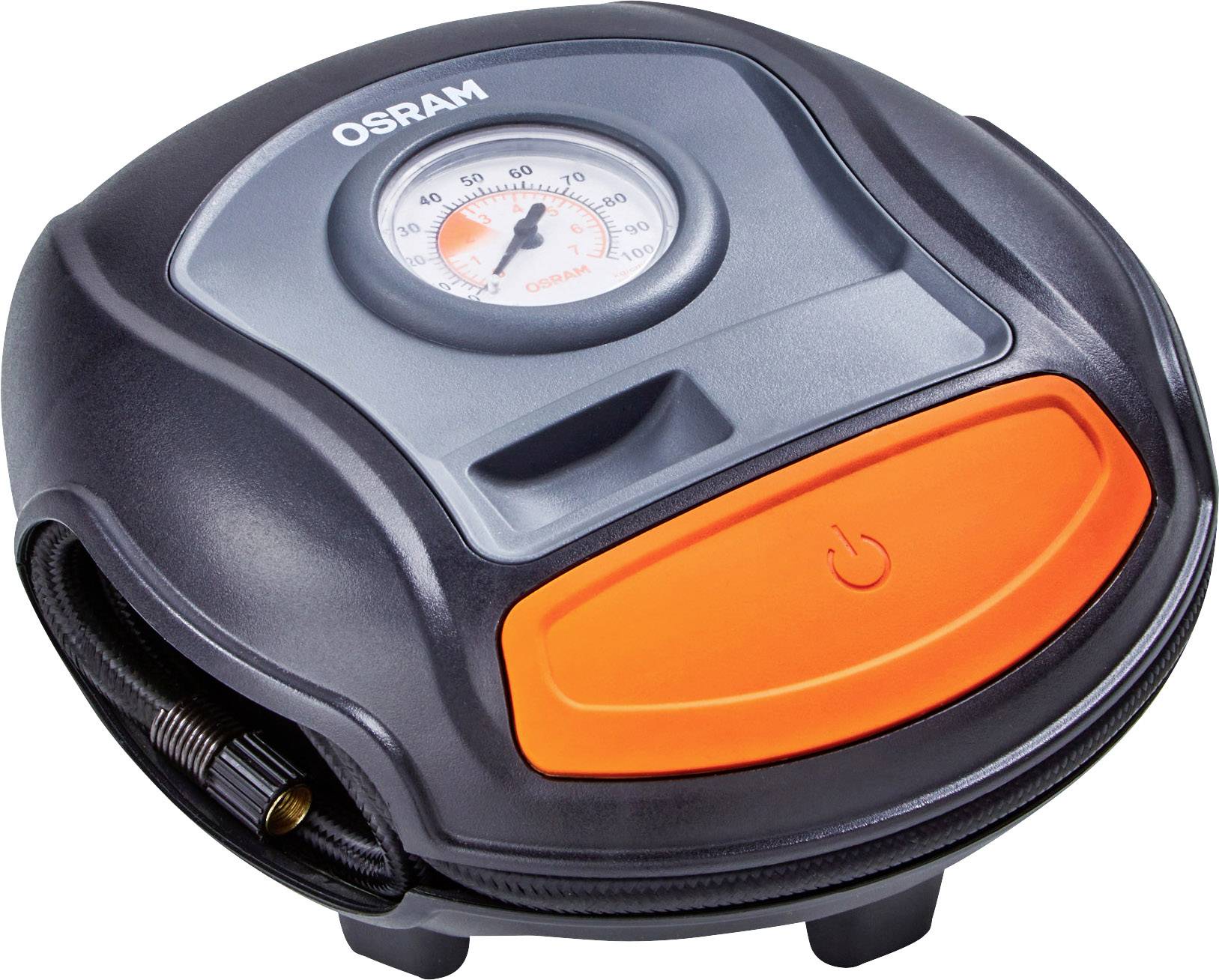 Un compresseur compact et portable avec manomètre, adapté pour gonfler les pneus de voiture. La couleur principale est le noir avec un bouton orange.