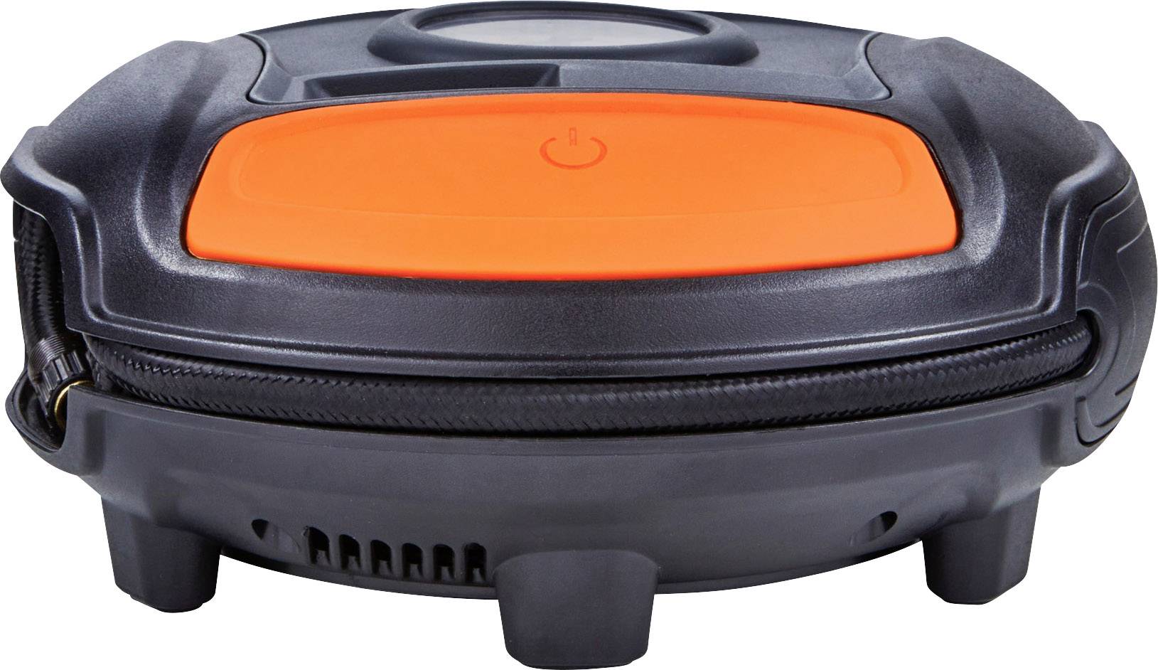 Tondeuse robotisée vue de face, noire avec capot orange et interrupteur marche/arrêt sur le dessus.