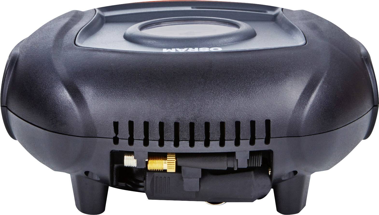 Pompe à air électrique noire avec valve de raccordement et poignée intégrée, conception compacte pour une manipulation et un transport faciles.
