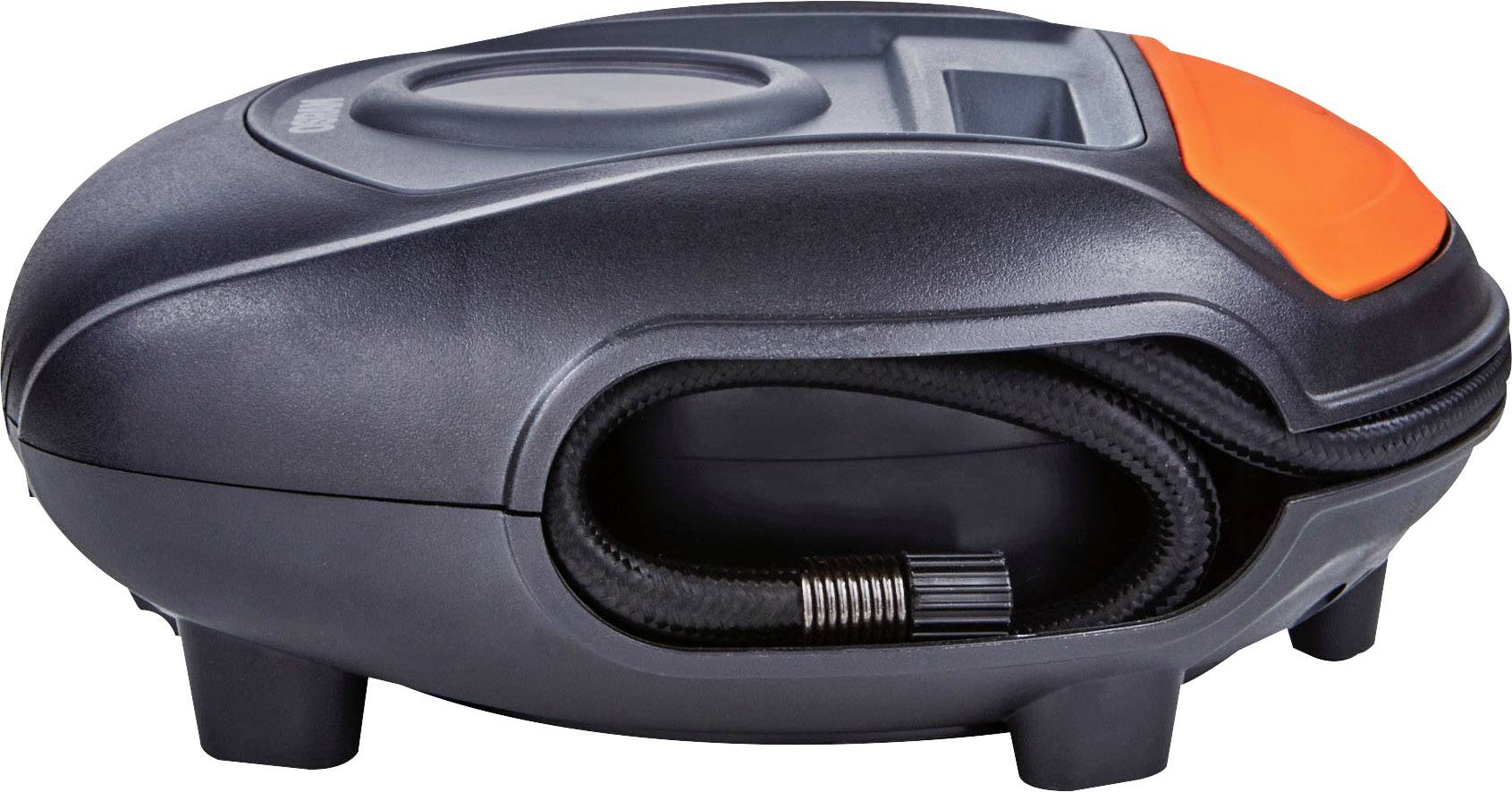 Un aspirateur de voiture compact, de forme ovale, avec une poignée intégrée et un bouton orange sur le dessus.