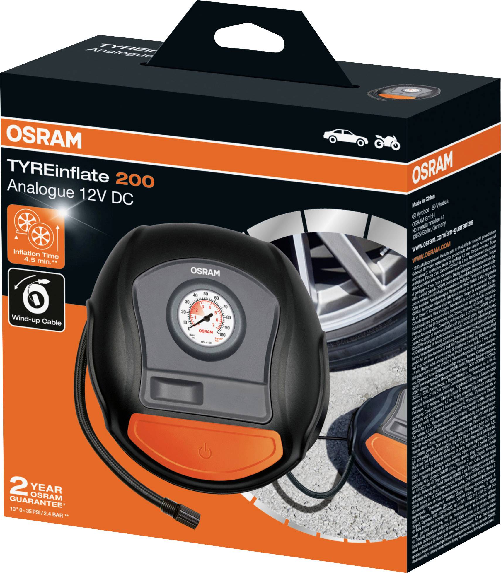 Emballage pour un compresseur de pneu OSRAM 'TYREinflate 200' avec connexion analogique 12V CC. Illustration d'une valve de pneu. Temps de gonflage : 4,5 min.