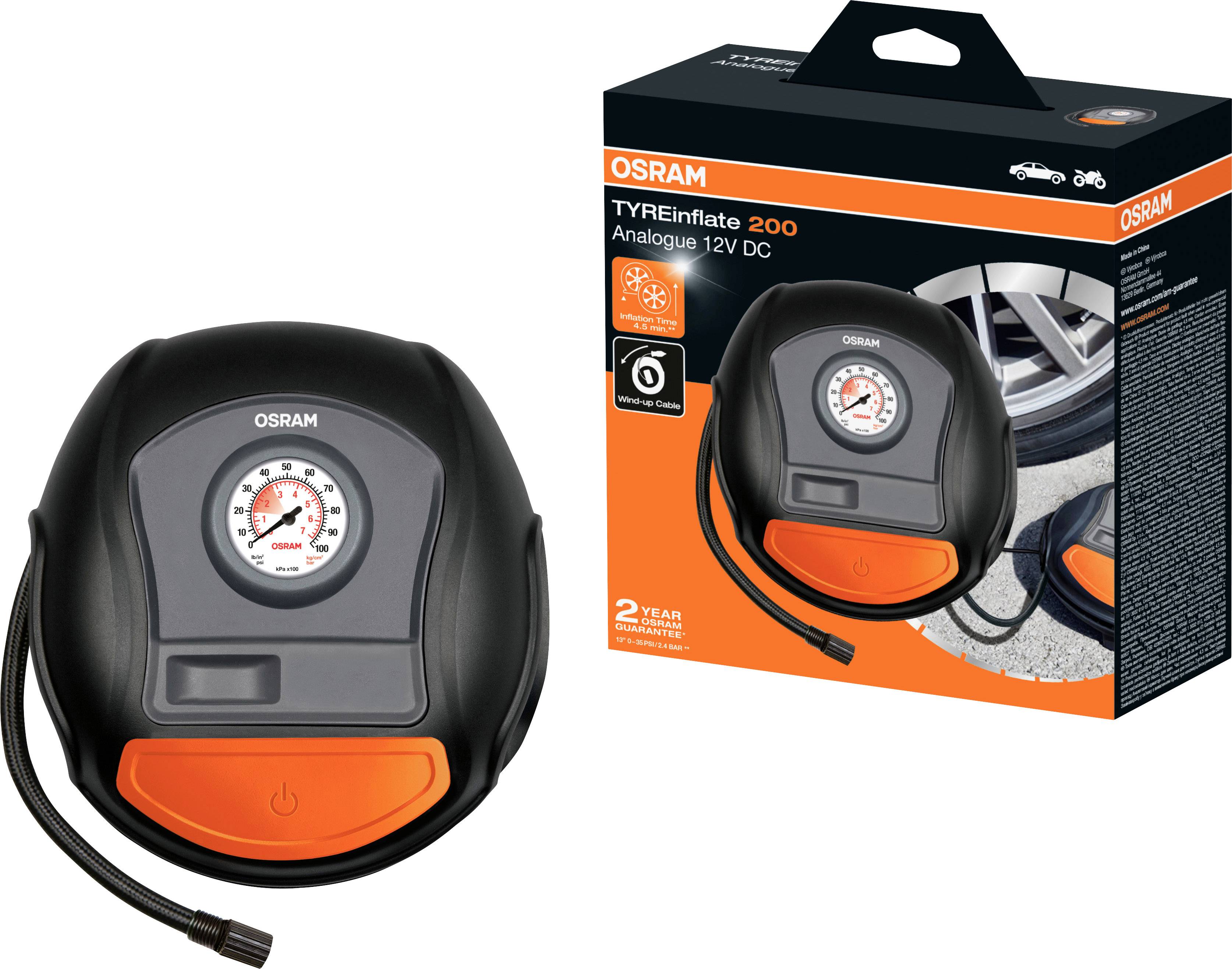 'OSRAM TYREinflate 200', un compresseur de pneu analogique 12V. Présente le produit avec son emballage, manomètre, tuyau et détail orange. Idéal pour gonfler les pneus de voiture.