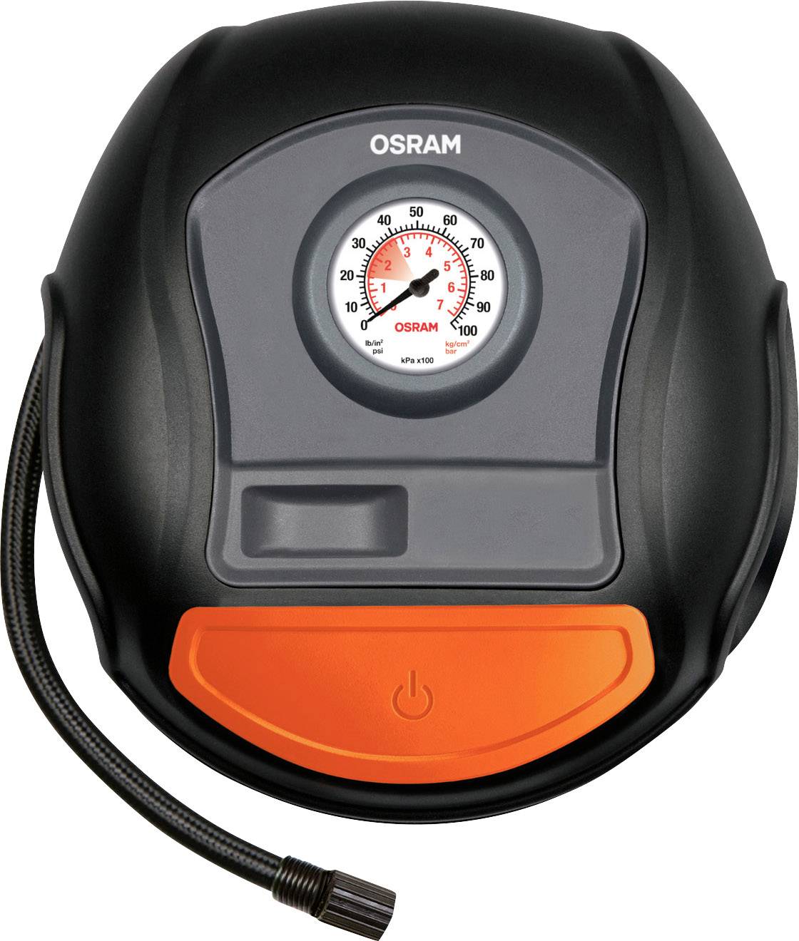 Compresseur d'air avec logo de marque, indicateur de pression en bars et PSI, boîtier noir, interrupteur de pression rouge, capot avant orange.