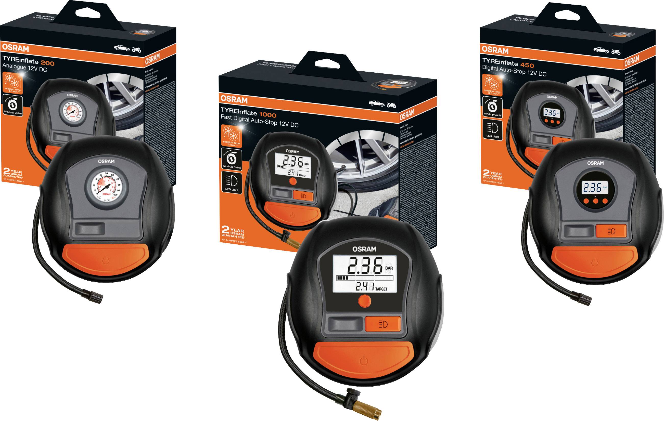 Trois manomètres de pression de pneus OSRAM avec affichage numérique et boîtier orange. Les emballages montrent leur utilisation sur des pneus de voiture.