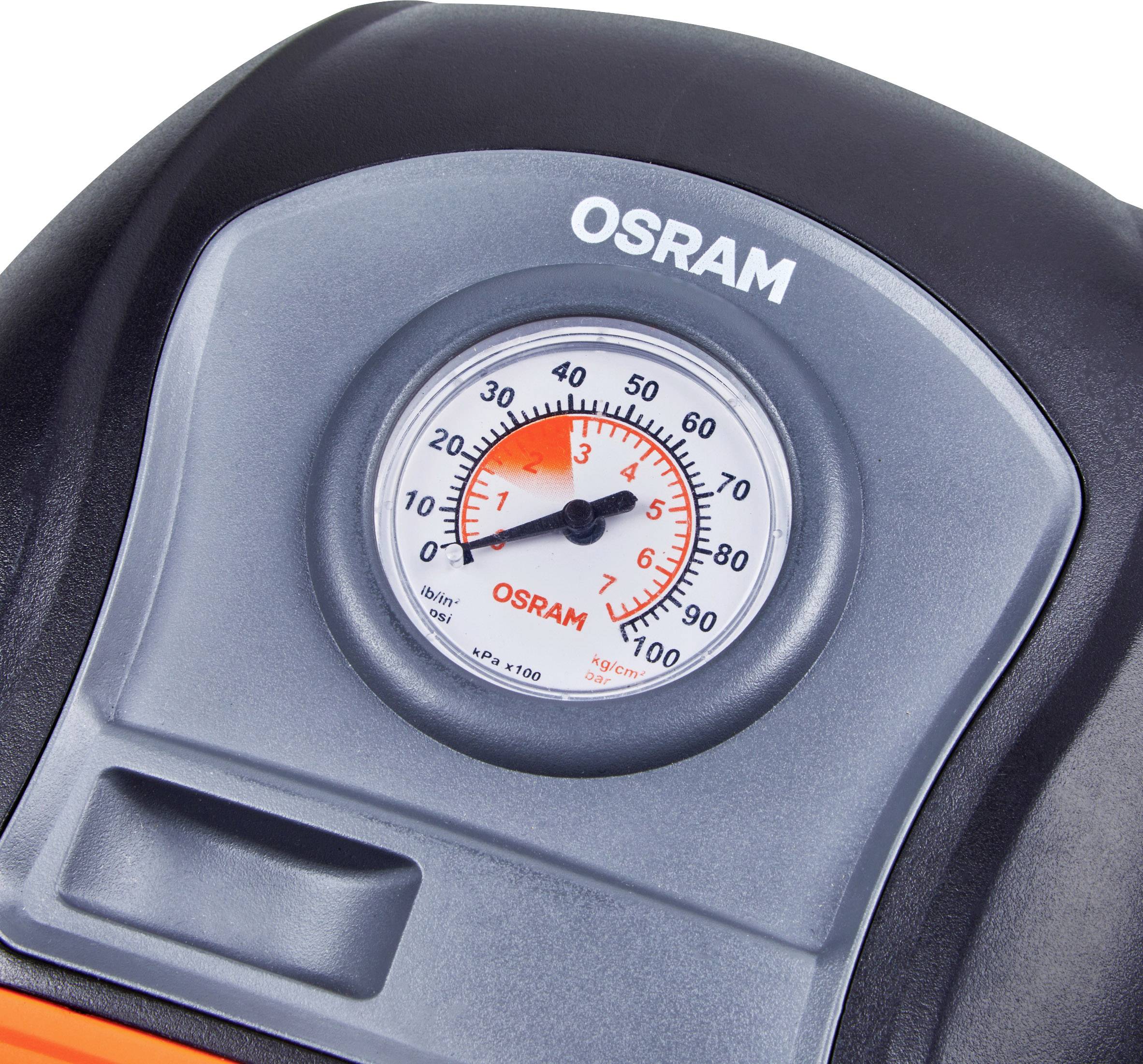 Un manomètre d'une pompe à air indique légèrement au-dessus de 10 psi. L'appareil porte l'inscription 'OSRAM'.