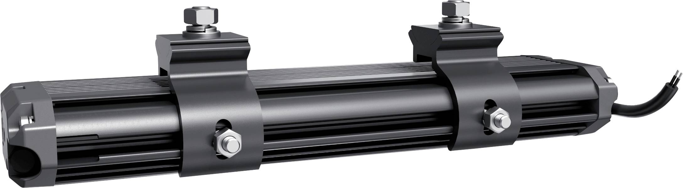 Moteur électrique noir cylindrique avec deux bornes de fixation et un câble sur le côté droit, aligné horizontalement.