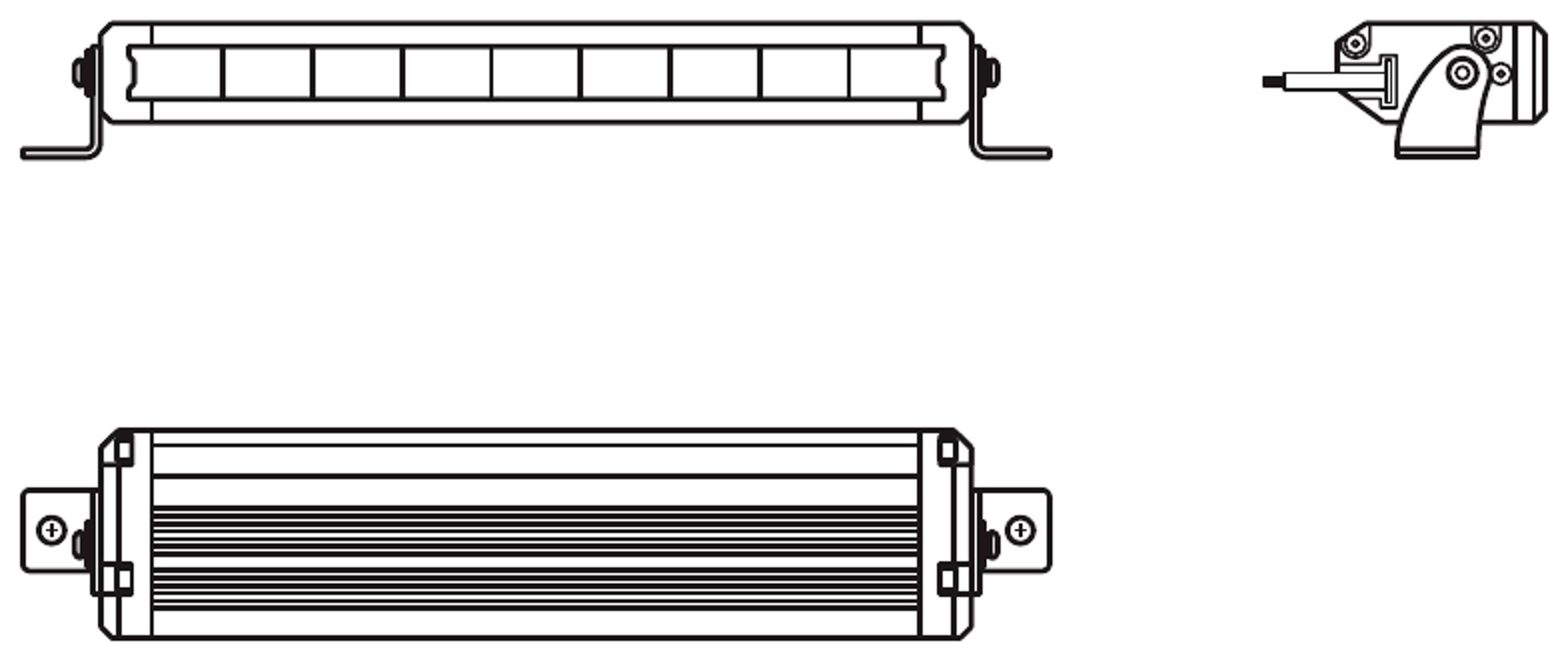 Dessin de deux luminaires LED en vue latérale et frontale, mettant l'accent sur la forme et les éléments de fixation.