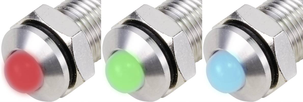 Trois boutons métalliques avec des voyants LED dans les couleurs rouge, vert et bleu. Indicateurs pour différents états de fonctionnement.
