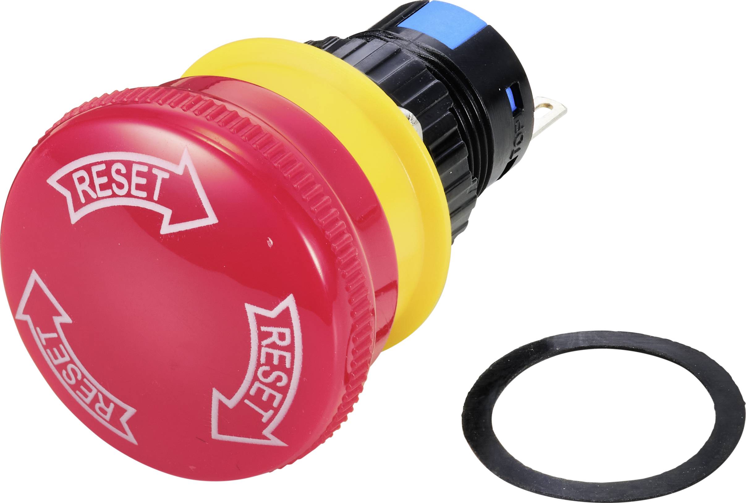 Bouton rond rouge avec des flèches de 'Réinitialisation' et base jaune, à côté d'un joint d'étanchéité noir.