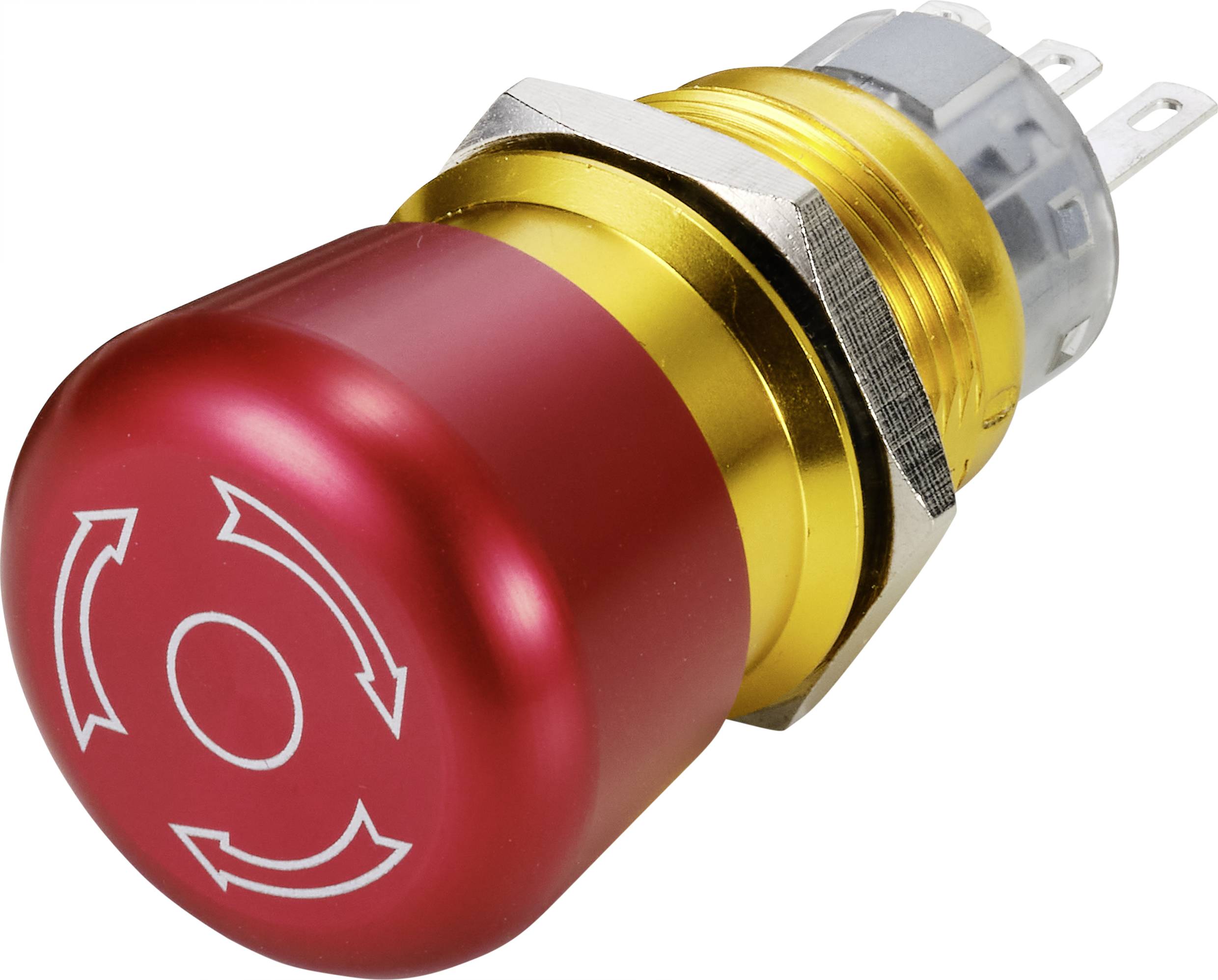 Bouton d'arrêt d'urgence rouge avec symboles de flèches pour l'arrêt immédiat des processus critiques de sécurité.