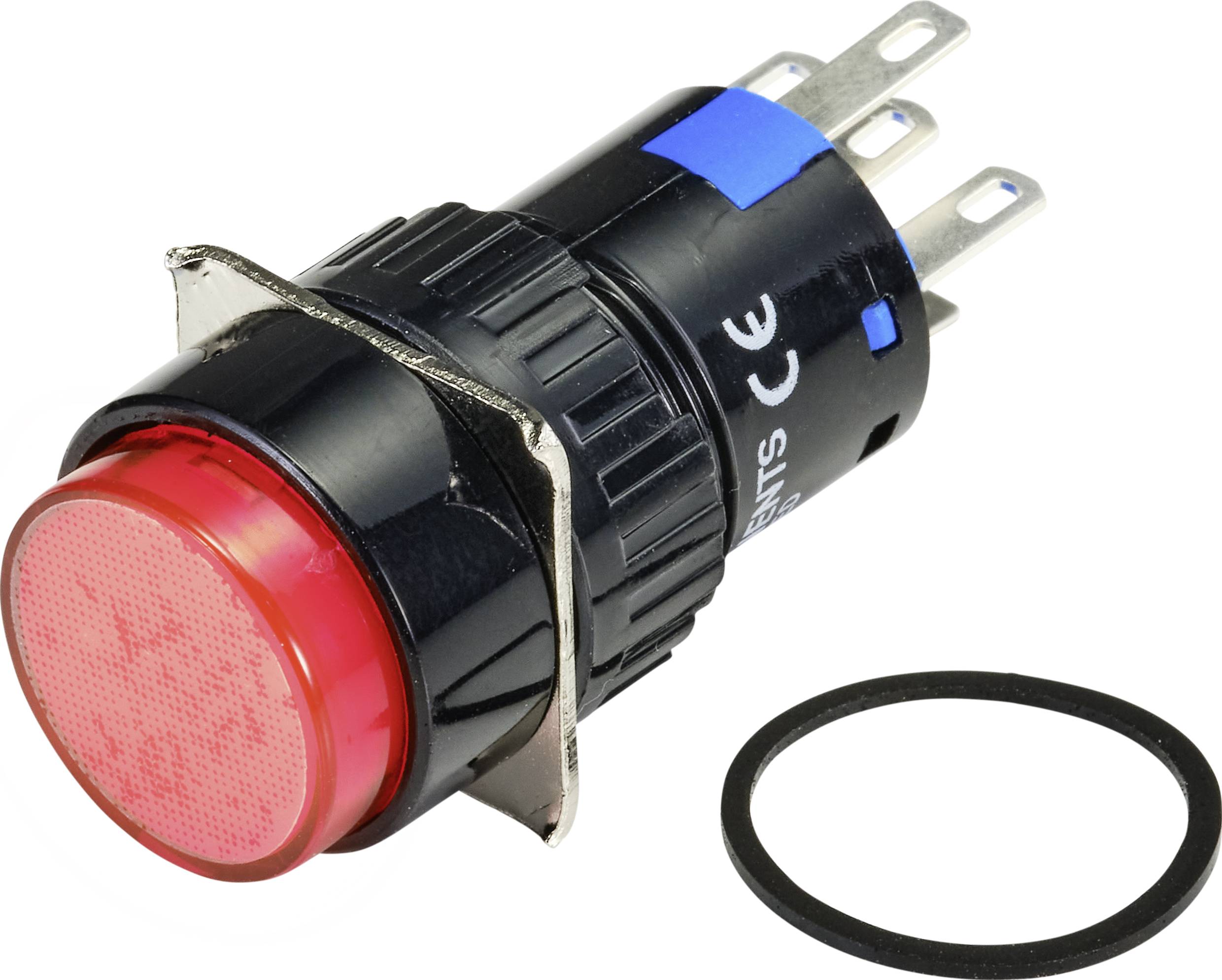 Interrupteur à bouton-poussoir noir avec capuchon rouge et contacts métalliques, à côté d'un joint d'étanchéité noir. Adapté aux applications électriques.