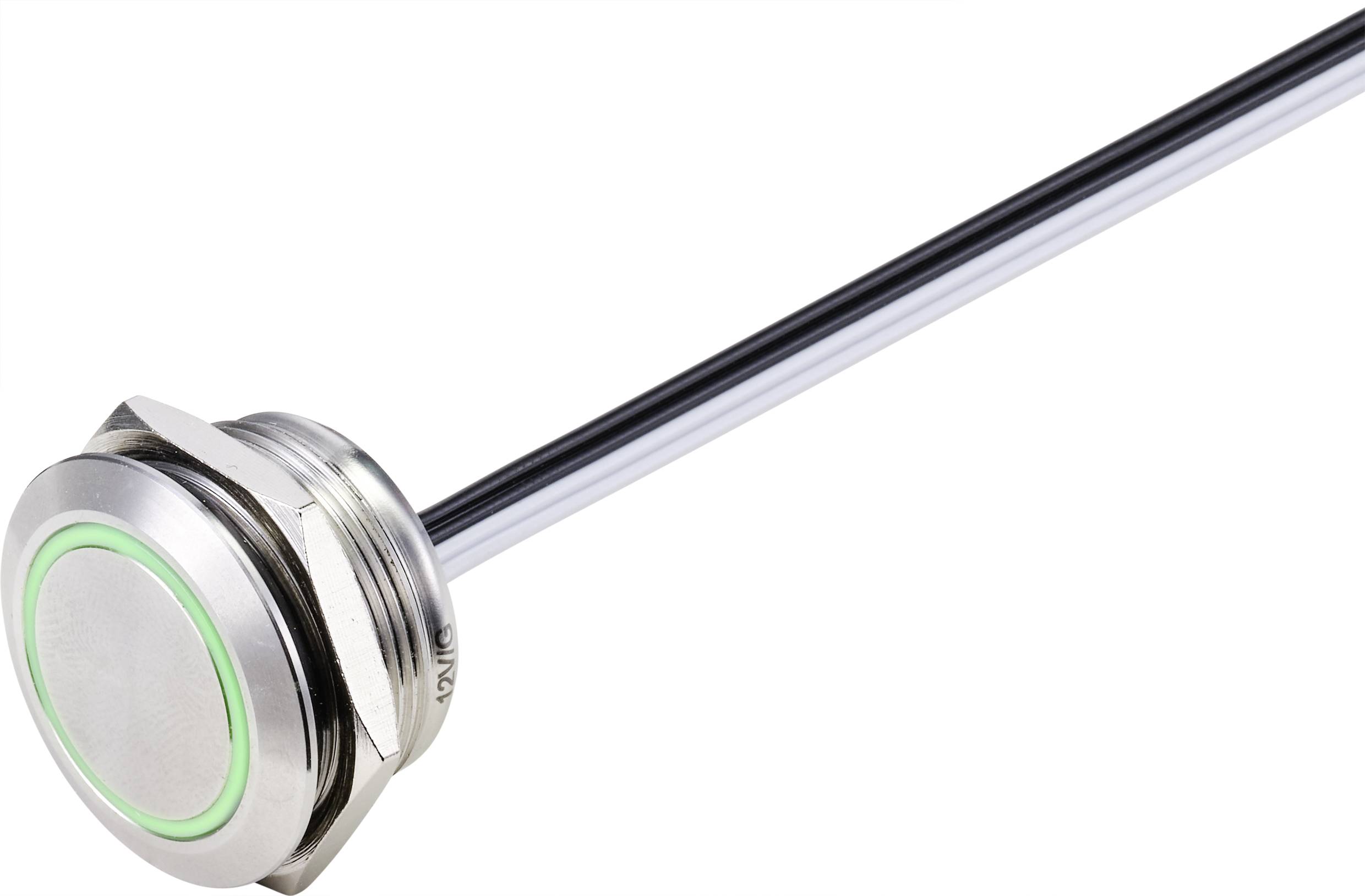 Un bouton-poussoir métallique avec éclairage annulaire à LED verte et longues connexions de câble, adapté aux applications industrielles.