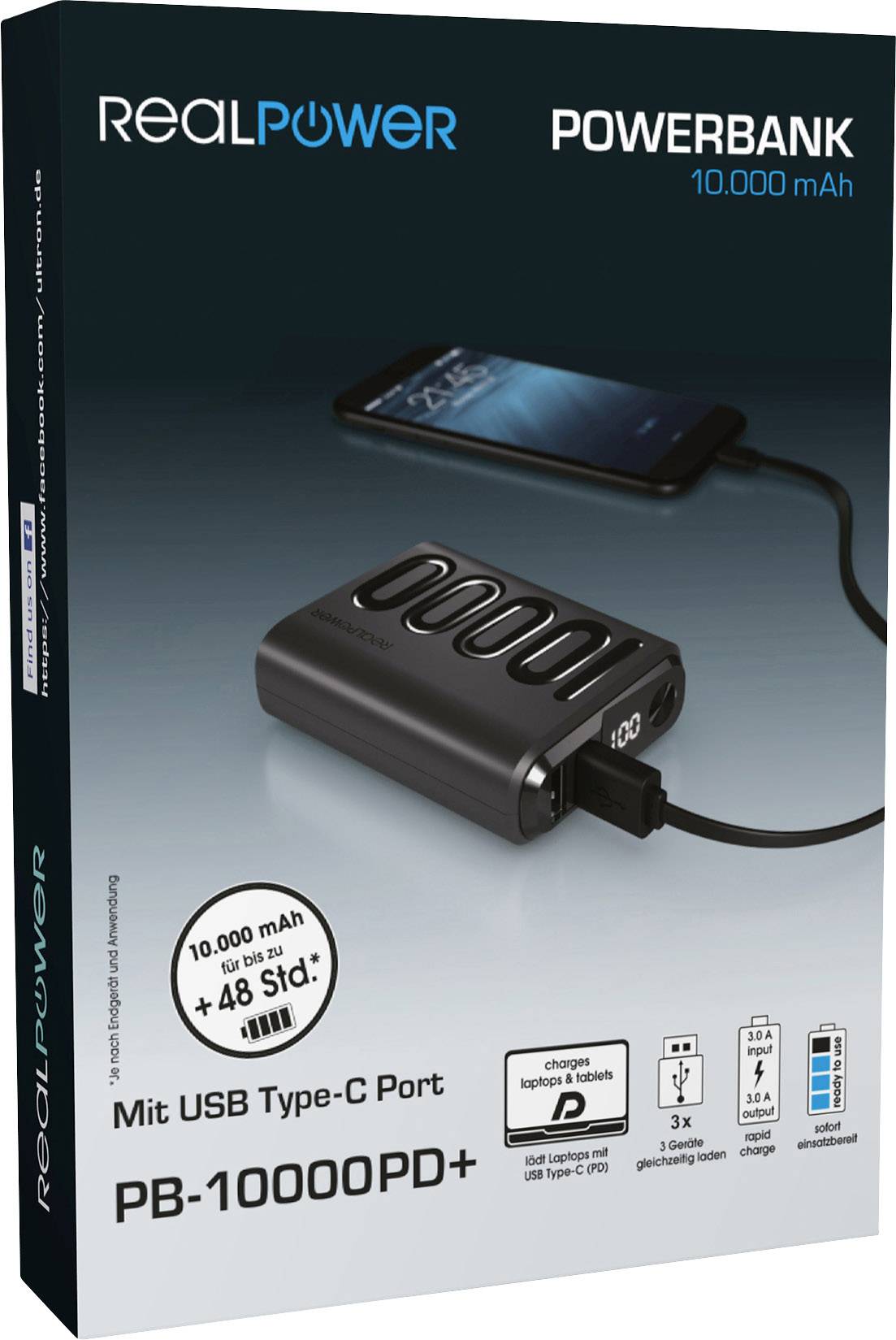 RealPower PB-10000PD+ Powerbank (batterie supplémentaire) 10000 mAh lithium noir