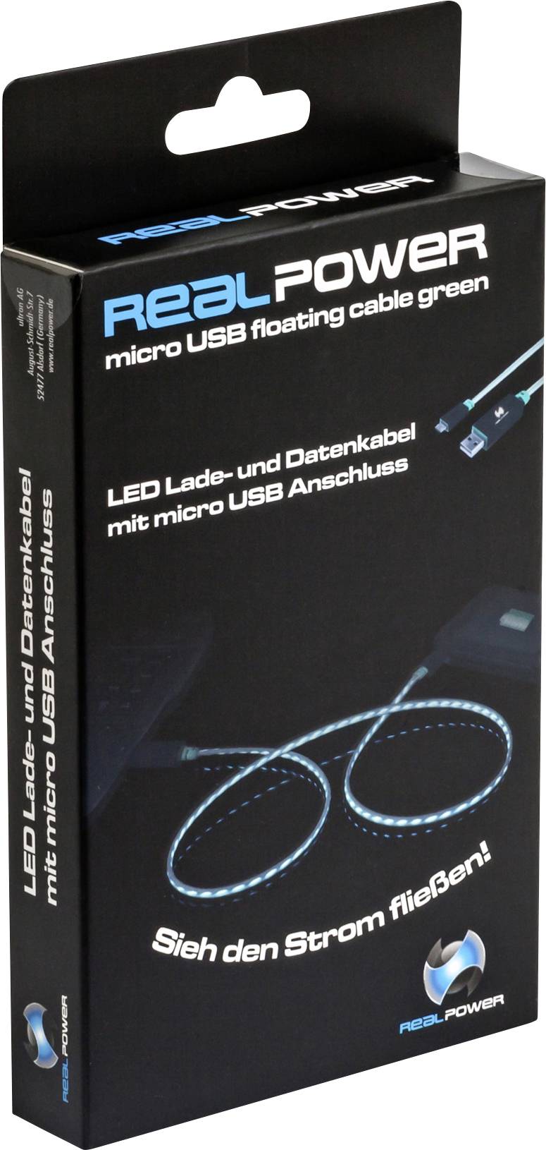 RealPower Câble USB USB 2.0 USB-A mâle, USB-Micro-B mâle 0.75 m vert avec LED 187656