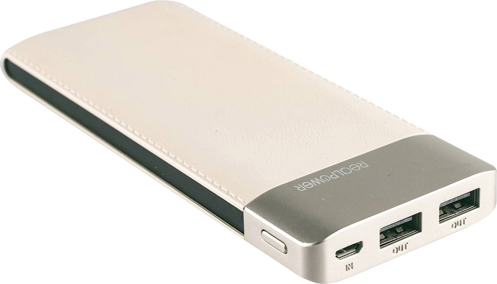 Une batterie externe beige avec deux ports USB et une entrée micro-USB sur le côté.