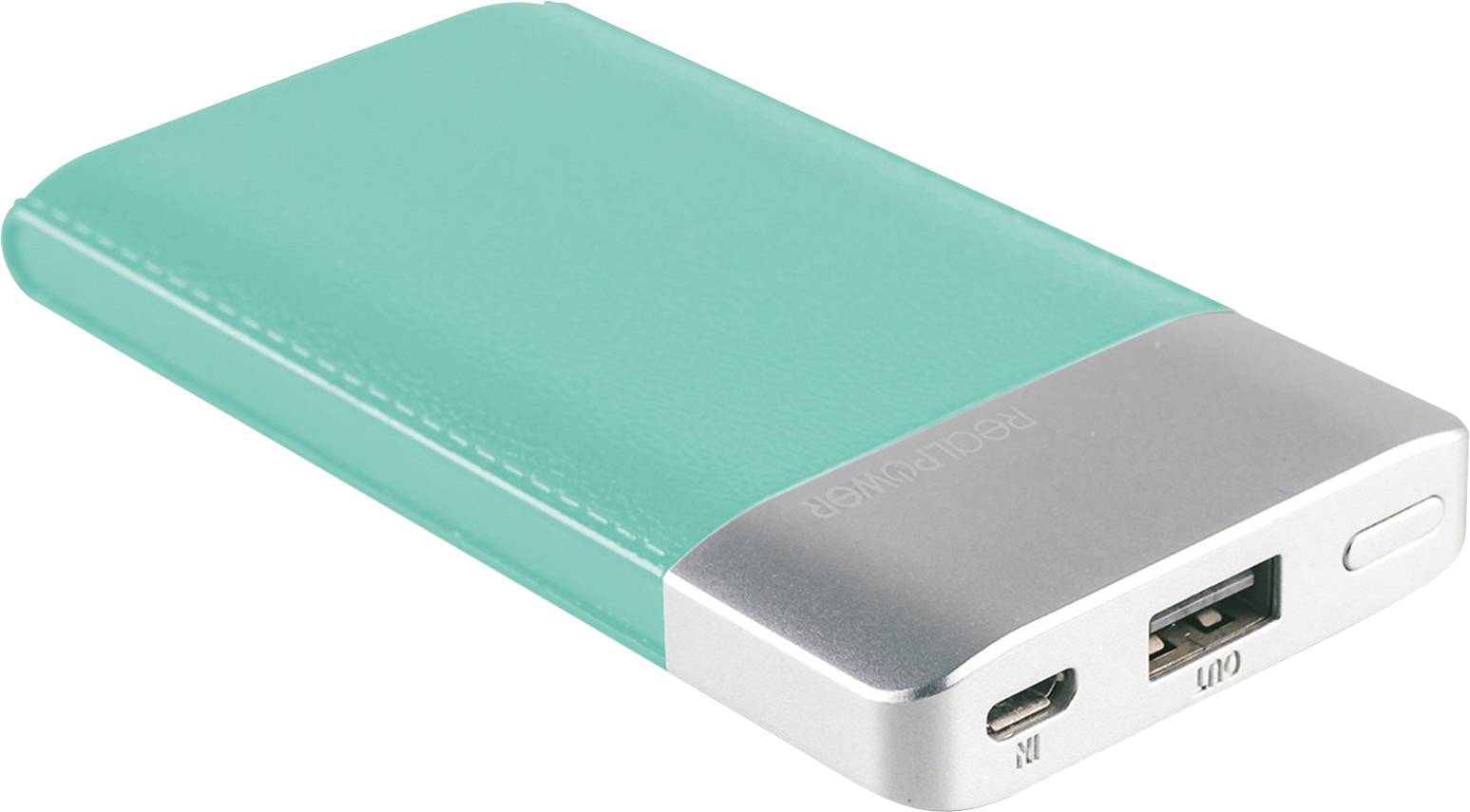 Une batterie externe portable de couleur turquoise avec un port USB et un port Micro-USB, adaptée pour charger des appareils lors de déplacements.