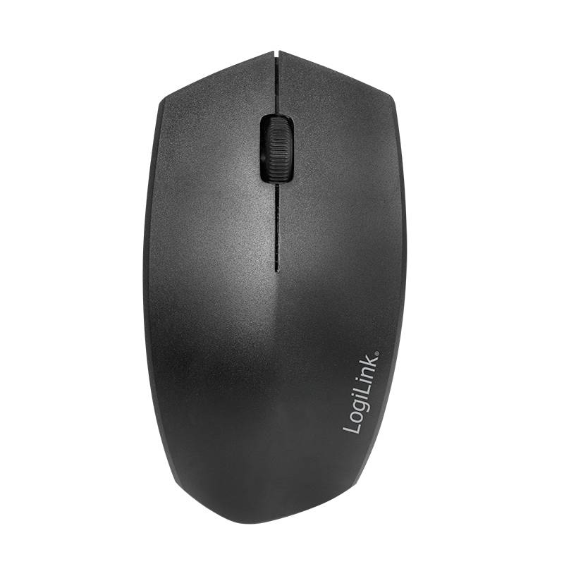 Une souris d'ordinateur sans fil noire vue de dessus, avec une molette de défilement centrale et l'inscription 'LogiLink' sur le côté.