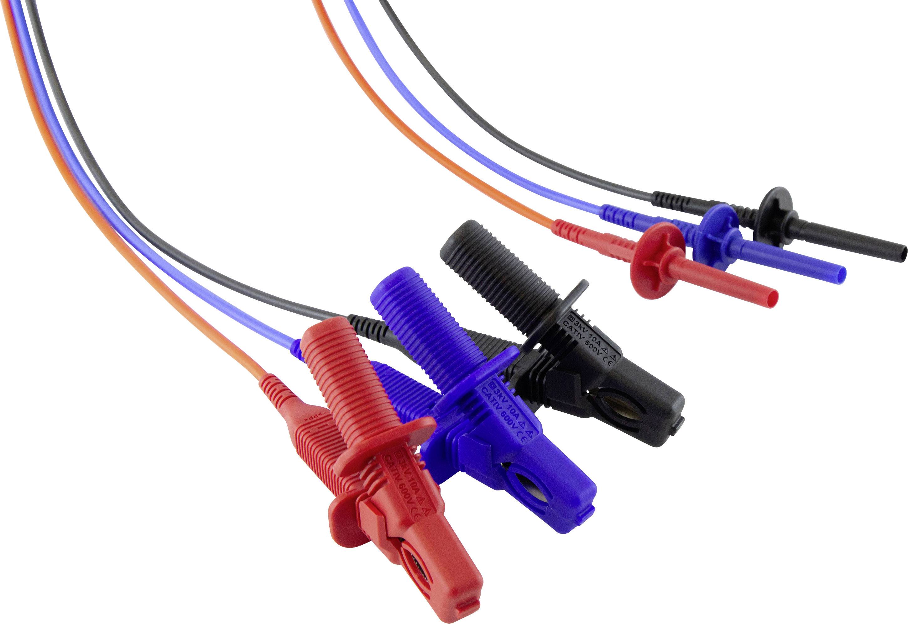 Plusieurs sondes de test colorées (rouge, bleu, noir) sont disposées en faisceau, utilisées pour mesurer les courants électriques.