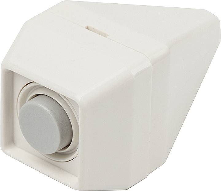 Interrupteur blanc triangulaire avec un bouton rond gris au centre.