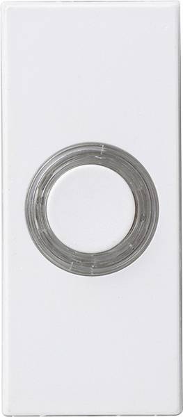 Une sonnette blanche avec un bouton-poussoir rond au centre. Le design est minimaliste et moderne.