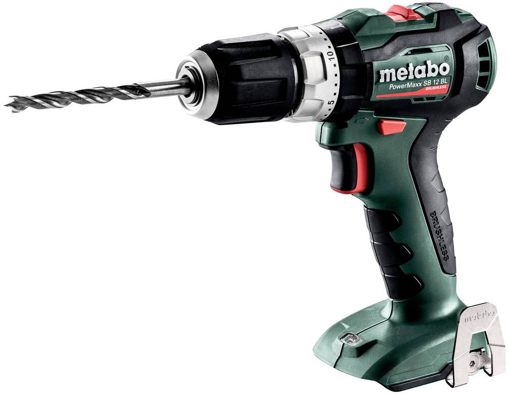 Perceuse sans fil Metabo PowerMaxx BS 12 avec foret attaché, présentée sur un fond blanc.