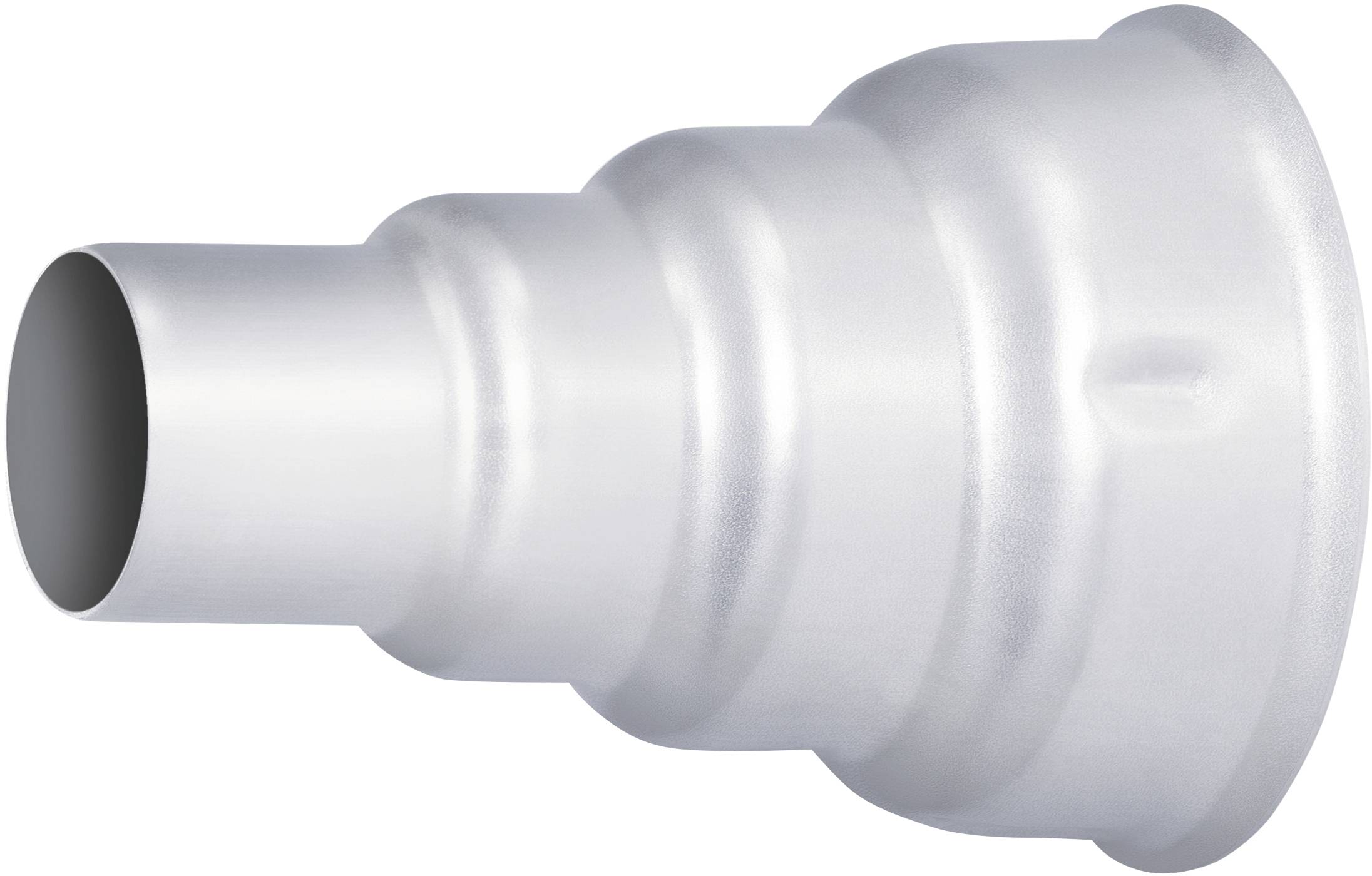 Un tube métallique argenté avec des bagues graduées et une surface lisse, probablement un adaptateur ou un connecteur pour des applications techniques.