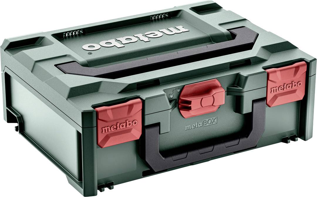 Coffret de rangement d'outils Metabo metaBOX vert avec poignée noire et loquets rouges, présenté fermé sur fond blanc.
