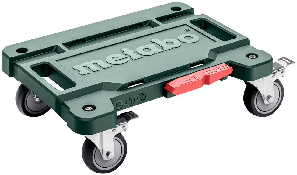 Plateforme de chariot à outils Metabo verte sur quatre roulettes pivotantes, avec un levier de verrouillage rouge et des découpes de poignée moulées.
