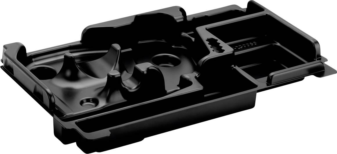 Plateau moulé en plastique noir avec compartiments et découpes pour organiser les petites pièces ou outils
