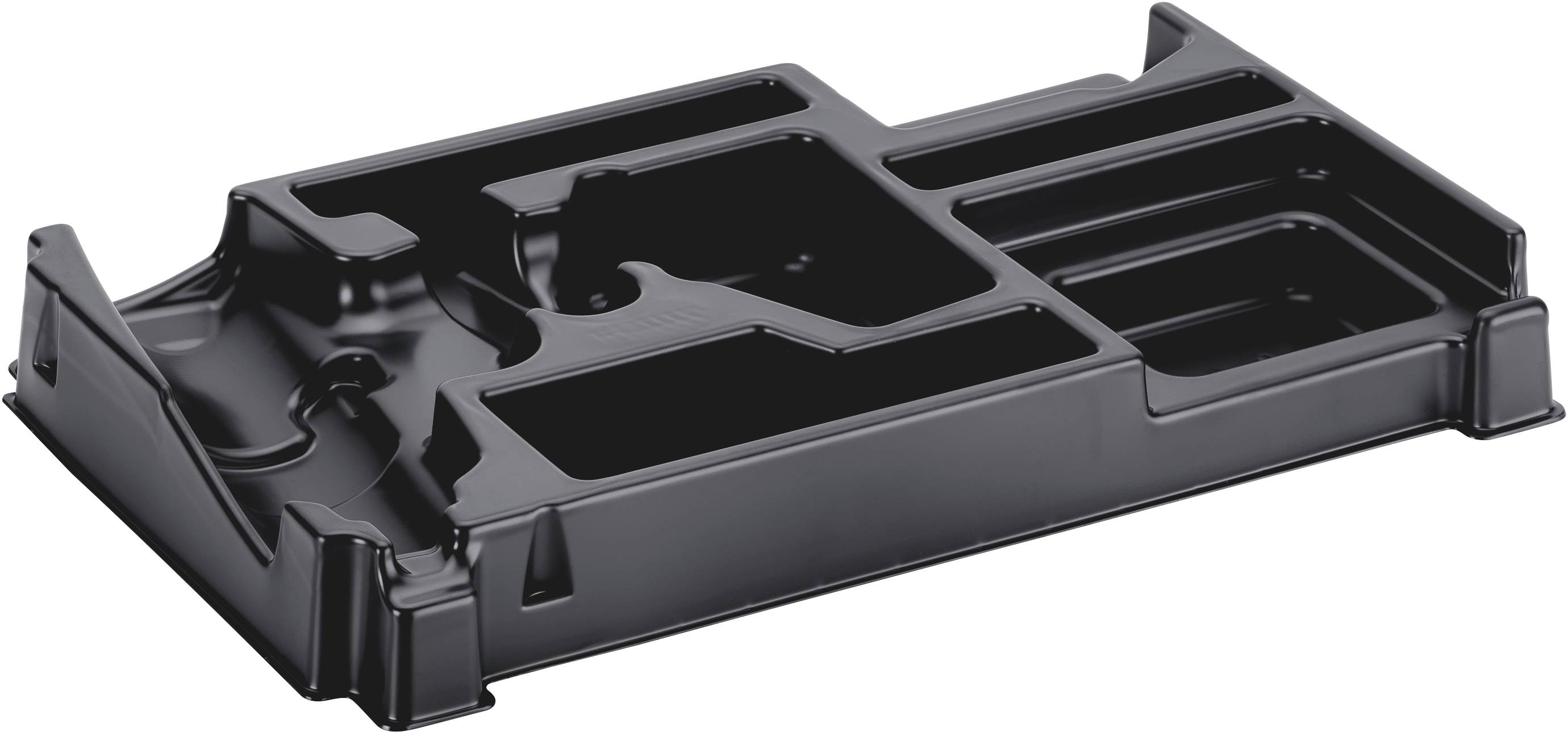 Boîte de rangement en plastique noir à compartiments multiples, adaptée au stockage et à la séparation de différents petits objets.