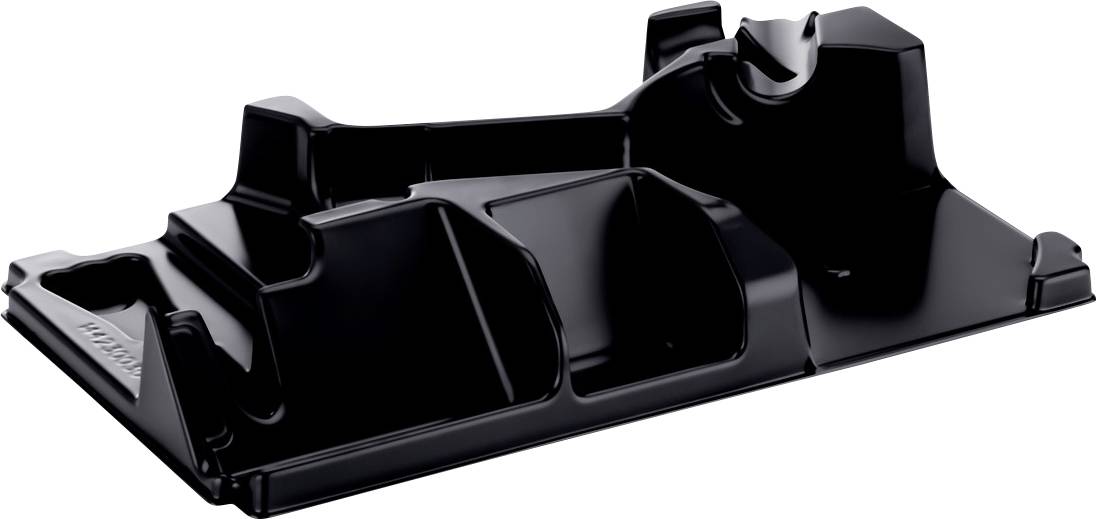 Plateau organisateur moulé en plastique noir avec trois compartiments divisés et extrémités surélevées, présenté sur un fond blanc.