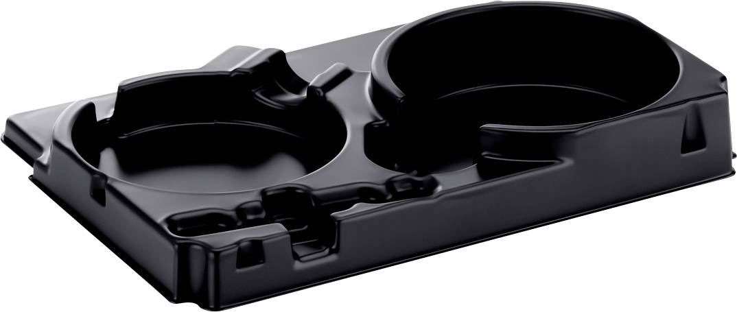Emballage en plastique noir avec deux cavités, idéal pour les présentations de produits ou le transport d'objets ronds.