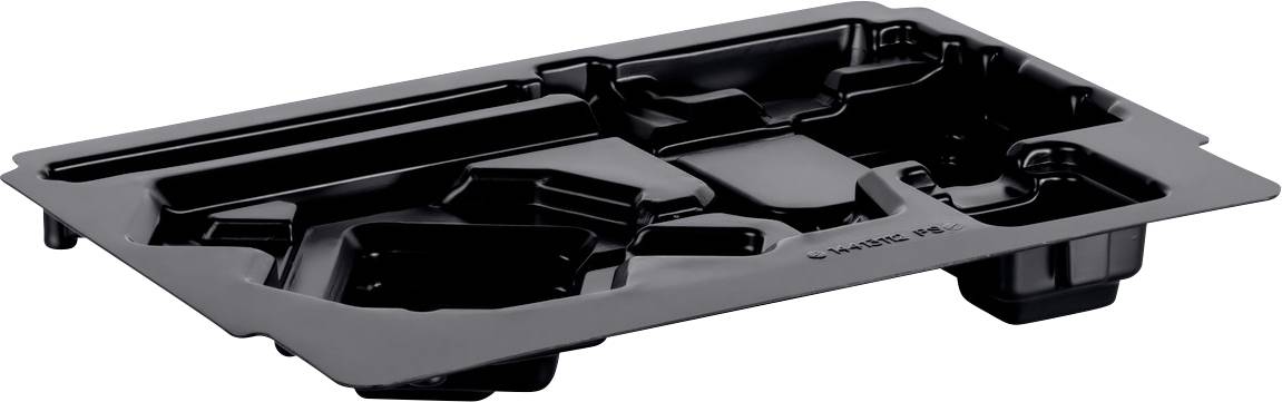 Plateau à inserts en plastique moulé noir avec plusieurs compartiments et des creux en forme d'outils, utilisé pour l'organisation ou l'emballage d'articles.