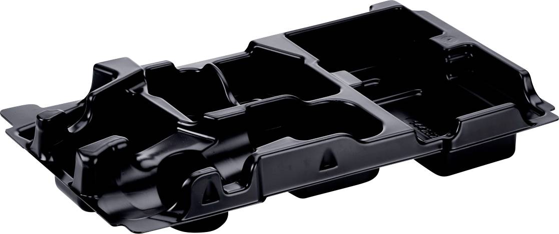 Plateau organisateur en plastique moulé noir avec plusieurs compartiments et une poignée centrale, présenté sur un fond blanc.