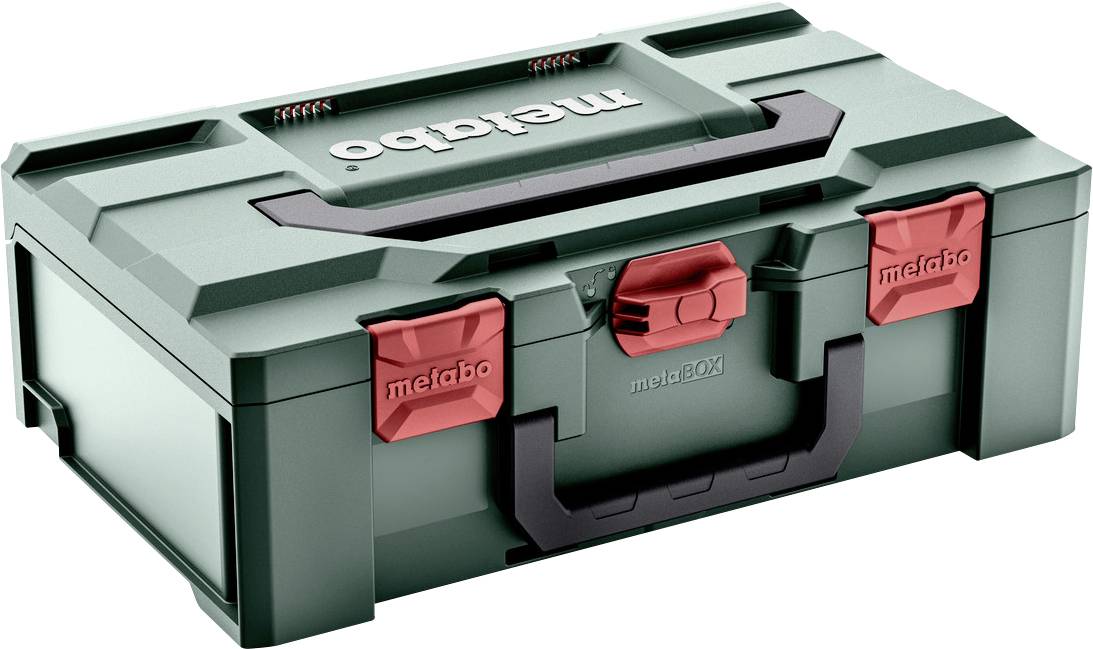 Boîte à outils Metabo verte avec un verrou rouge, le nom de la marque 'metabo' visible sur le couvercle. Parfaite pour ranger et protéger vos outils en toute sécurité.