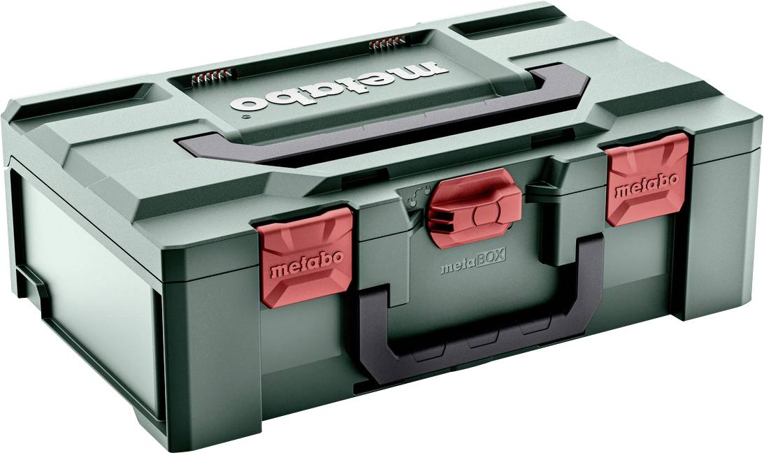 Boîte à outils verte de Metabo avec des fermetures noires et rouges, adaptée au rangement des outils.