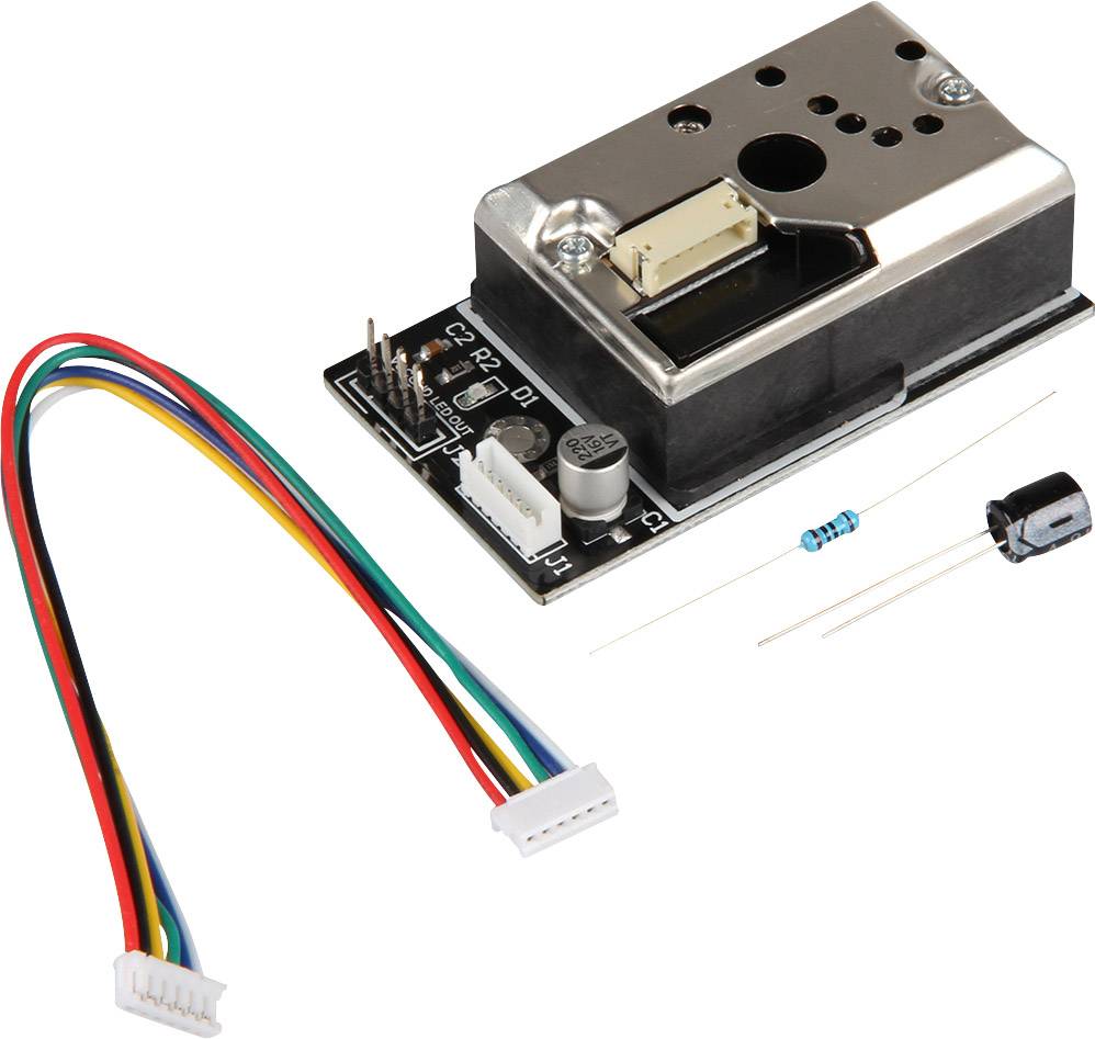 Un module électronique avec des composants sensoriels, relié par un câble multicolore et multiconducteur. Des composants électroniques individuels sont disposés à côté.