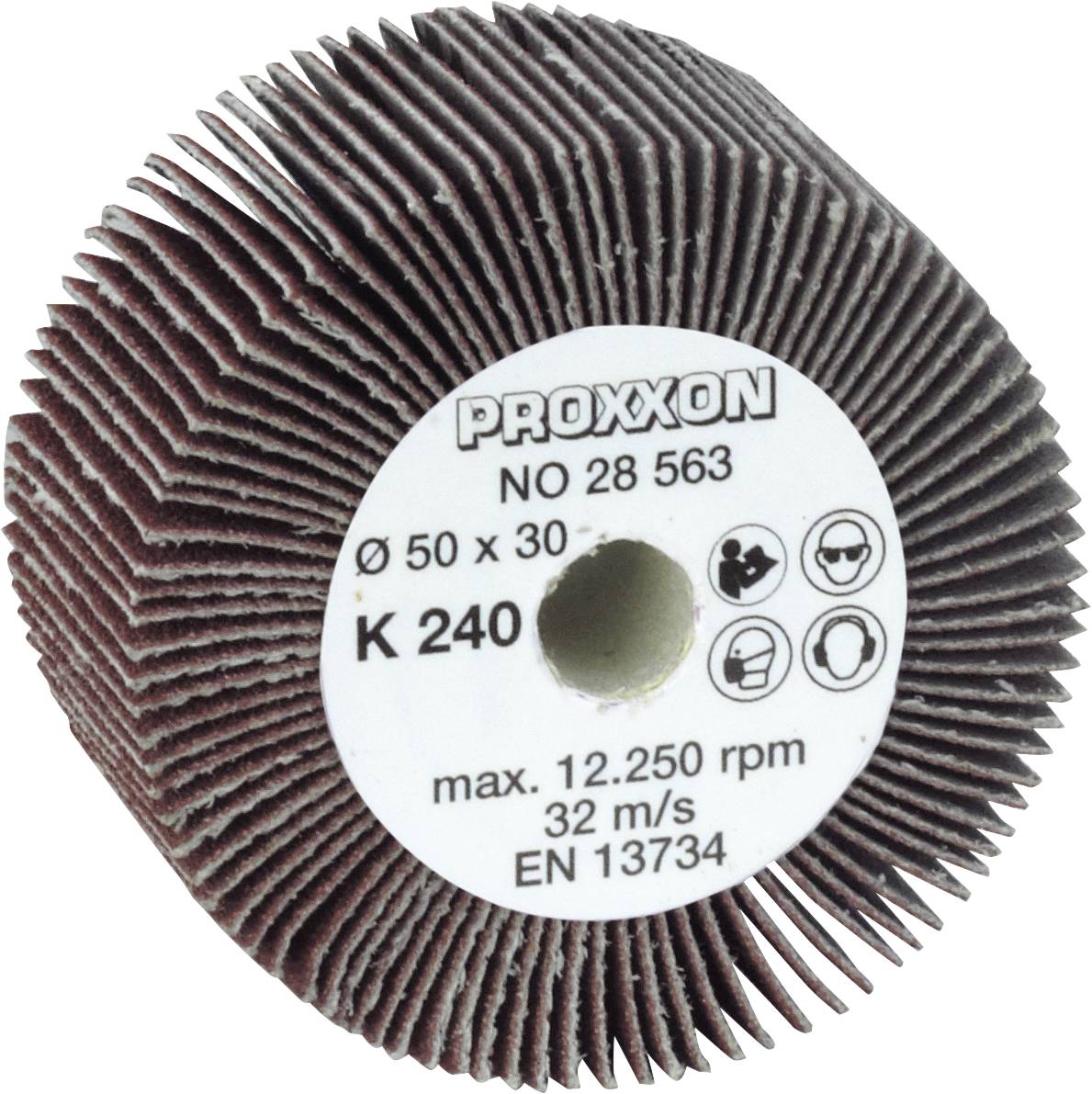 Roue abrasive avec informations produit sur l'étiquette : diamètre 50 x 30 mm, grain K 240, vitesse maximale 12 250 tr/min.