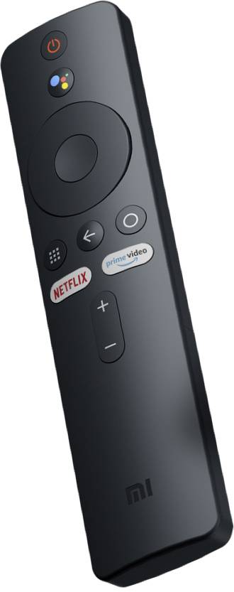 Une télécommande noire avec des touches pour 'Netflix' et 'Prime Video', contrôle du volume, champ de navigation et bouton de mise en marche.
